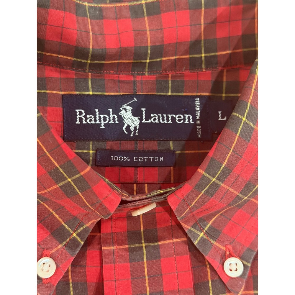 VTG Polo Ralph Lauren Mens Red Plaid Golf Crest Button Down Shirt Large Cotton - Picture 2 of 6